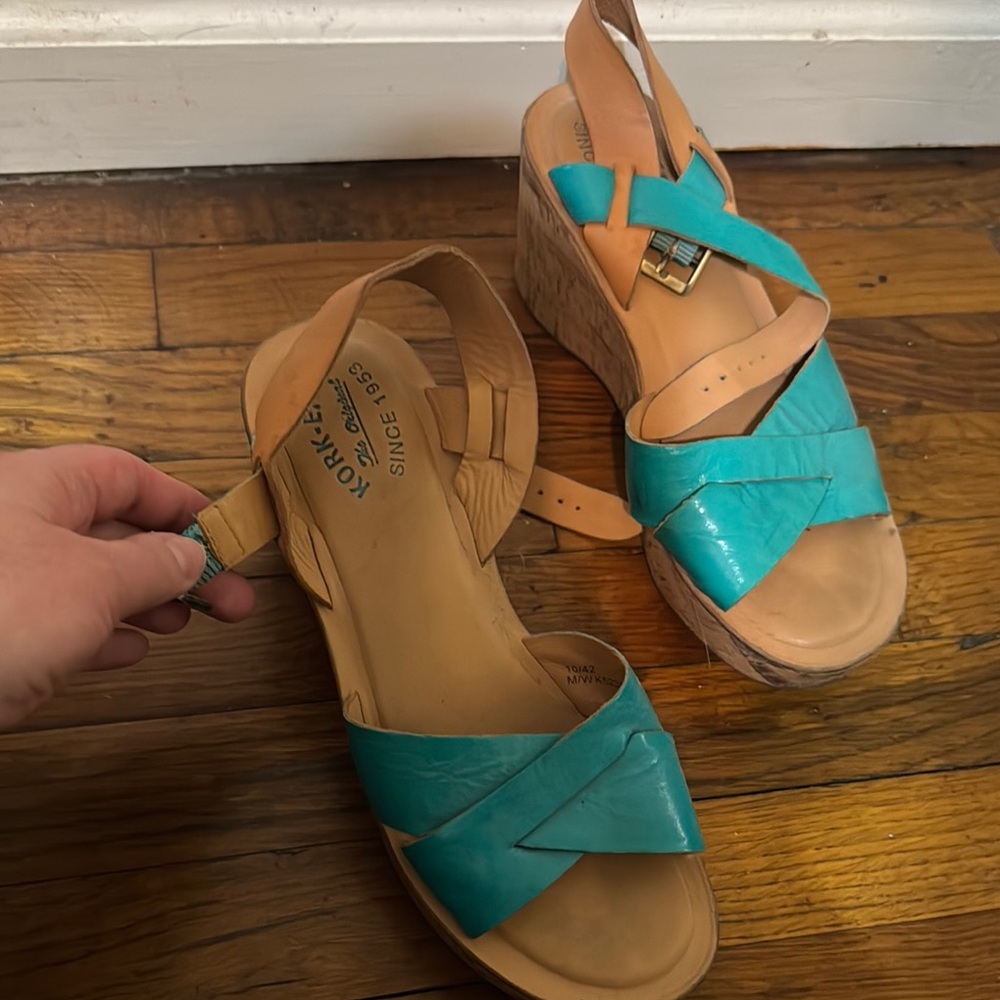 Kork-Ease Blue Tan Wedge Sandals